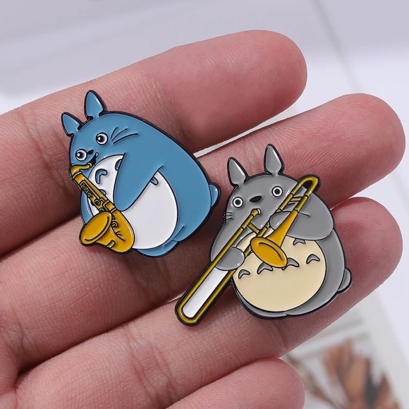 Totoro Trombone Enamel Pin Cute Japanese Bunny Cartoon Musical Instrument Brooch - Picture 2 of 7